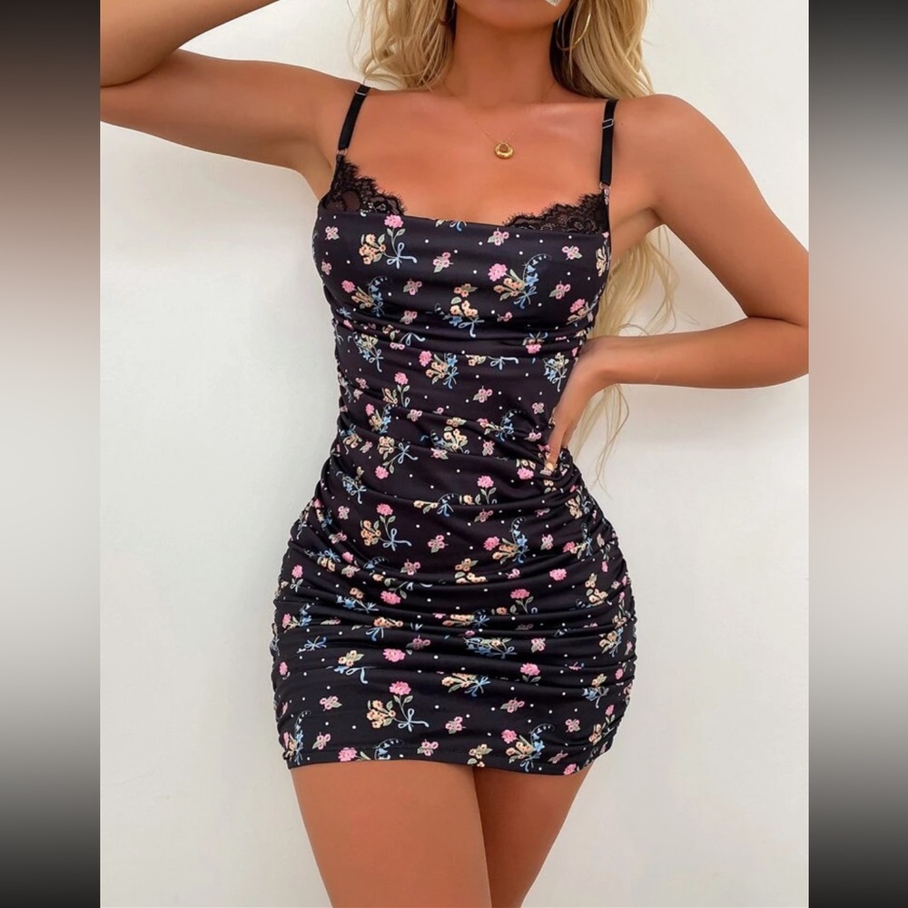 SHEIN Black Floral Ruched Slip Mini Dress Size Medium